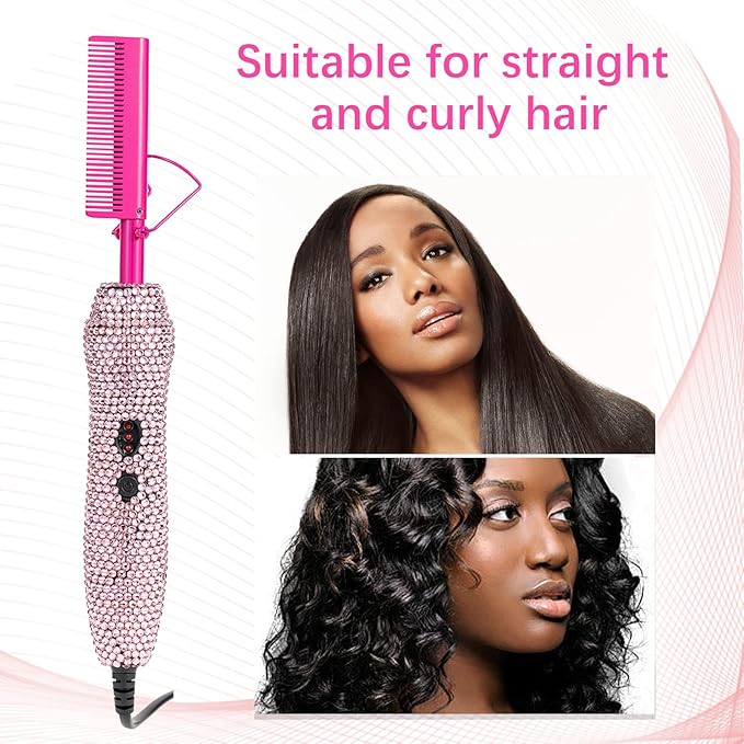 Deluxe Electric Hair Straightener and Curling Comb for Natural Hair and Wigs, 450°F Heat Pressing Comb with Anti-Scald Case (Pink)