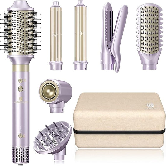 Hair Dryer Brush 8-in-1 Dual Voltage Hot Air Styler – Fast-Drying 110,000 RPM Ionic Blow Dryer with Straightener & Curler Attachments, Frizz-Free Volumizing Styler with Protective Hard Case-Purple