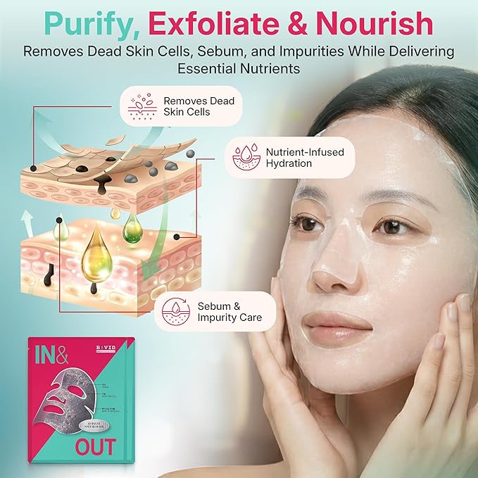 BIVID In & Out Bio-Cellulose Sheet Mask, Hydrating Korean Skincare Face Mask for Pore Care, Sebum & Blackhead Care with Tea Tree — K-Beauty Self Care Facial Skin Care Essentials, 0.88 oz, 5 Pack