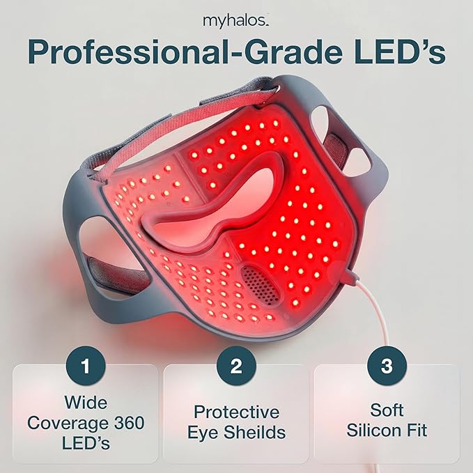 myhalos® Red Light Therapy Face Mask - Medical-Grade LED Light Therapy Device with Nir-Infrared (1072 nm), Red (633 nm) & Blue (460 nm) Light - Anti-Aging Skin Treatment for Wrinkles & Fine Lines