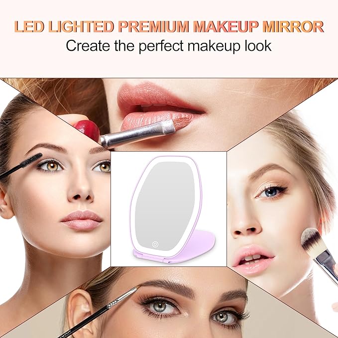 Travel Makeup Mirror with Light: 3 Color Lighting Portable Mirror with Touch Screen Rechargeable Adjustable LED Lights Hexagon Vanity Mirror for Travel, Desk, Home (Purple)