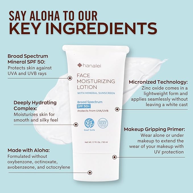 Hanalei Mineral Sunscreen Face Moisturizer SPF 50 – Dermatologist Tested, Zinc Oxide, Vegan, Reef-Safe, Invisible Protection, No White Cast, 3-in-1 Hydrating Primer, Gentle for Sensitive Skin 1.7 oz
