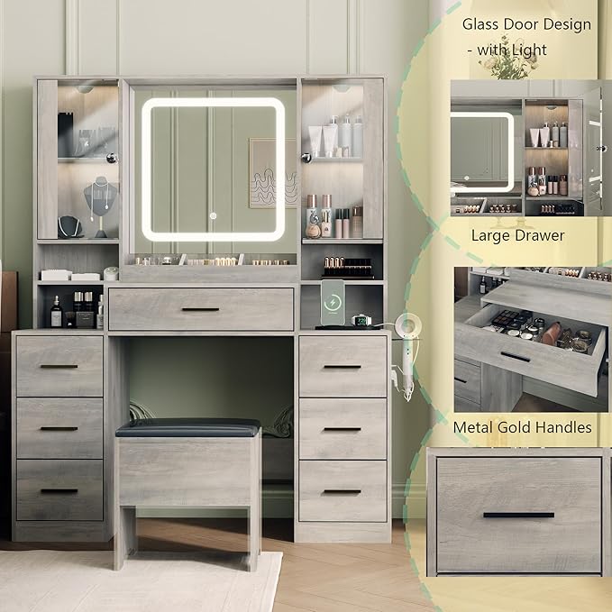 Makeup Vanity with LED Light Strip Mirror and Chair, 7 Drawers & 2 RGB Cabinets Black Vanity Makeup Desk with Power Strip, Adjustable LED Lighting, and Cushioned Stool for Women, Girls, Teens