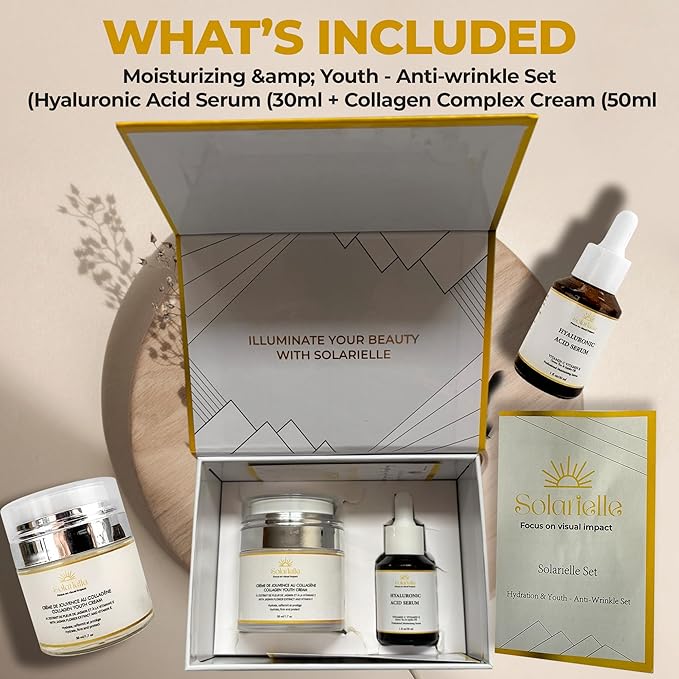 "SOLARIELLE Anti-Aging Skincare Set | Hyaluronic Acid Serum & Collagen Cream | Face & Neck Duo for Wrinkle Reduction | Natural Peptide Formula"