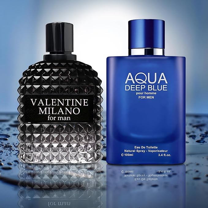 Valentine Milano/Aqua Deep Blue 2PCS Eau De Toilette for Men-Fresh, Romantic Scent Perfume for Men 3.4 Fl Oz Each Mens Cologne For All Skin Daily Used