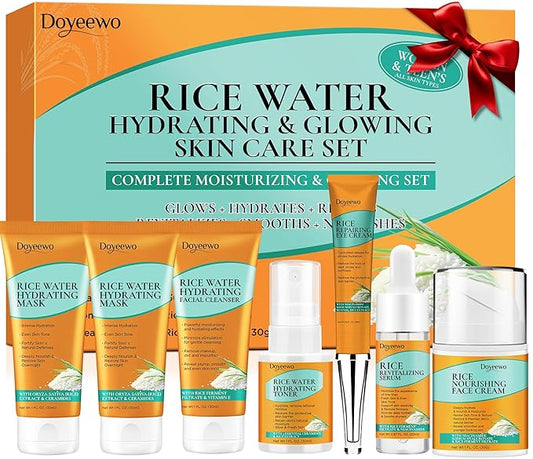 Skin Care Set,7Pcs Women Teen Glass Skincare w/Korean Rice Extract,Hydrate Glow Repair Anti-Aging Facial Routine Kit Self Care Gifts for Women Mom Wife Teenage Girl Teens 10-12 Travel-Size Kit