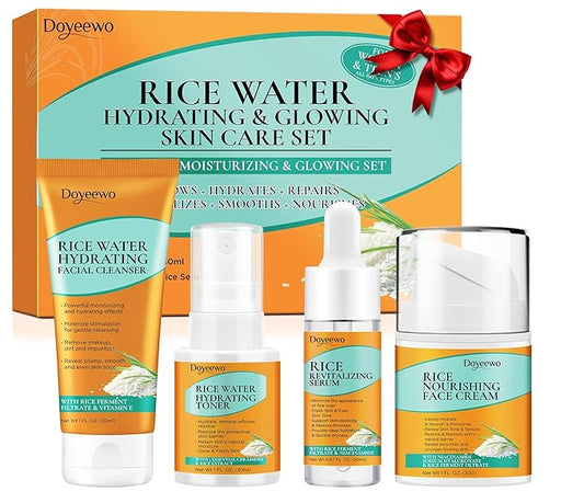 Skin Care Set,4Pcs Women Teen Glass Skincare w/Korean Rice Extract,Hydrate Glow Repair Anti-Aging Facial Routine Mini Kit Self Care Gifts for Women Mom Wife Teens Teenage Girl Airplane-Friendly Sizes