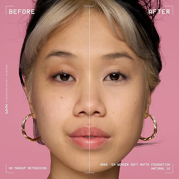 NYX PROFESSIONAL MAKEUP Make 'Em Wonder Liquid Foundation, 24HR Foundation Makeup With A Soft Matte Finish, Buildable Full Coverage - 12 Natural