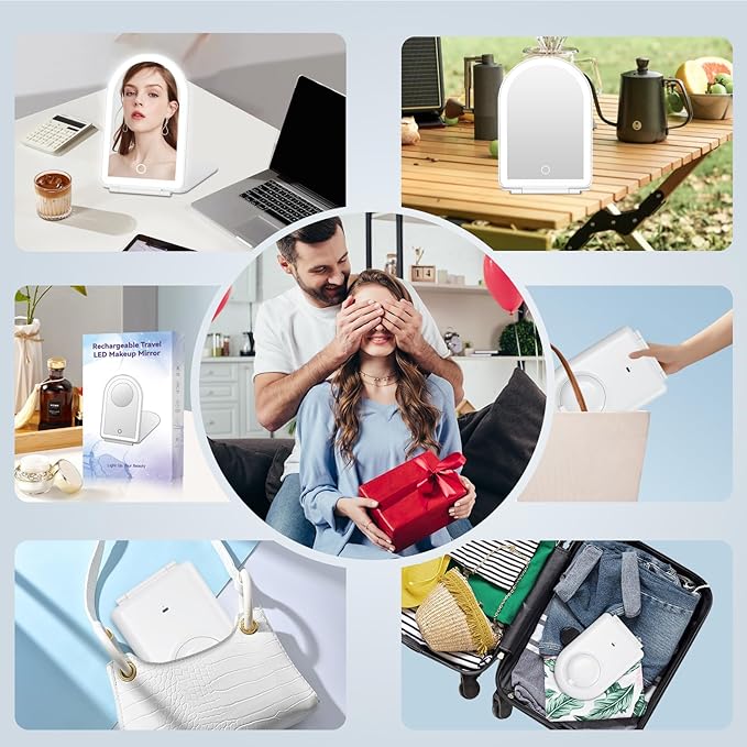FUNTOUCH Rechargeable Travel Makeup Mirror with Lights,Portable Lighted Compact Mirror with Small 10X Magnification,3 Color Lighting, Dimmable Touch Screen, Tabletop LED Folding Cosmetic Vanity Mirror