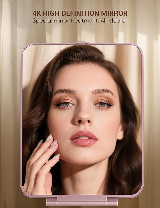 Travel Makeup Mirror with 1X/10X Magnifying, Portable Folding Make Up Tabletop Mirror for Office, Compact Vanity Mirror for Travel (Rose Pink, No LED Lights)