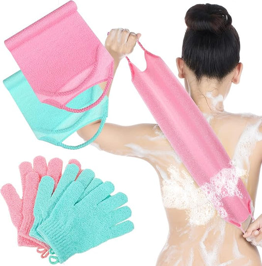 4 Pack Exfoliating Washcloth Back Scrubber Set, 2 Exfoliating Body Scrubber Nylon Back Body Scrub Towel, 2 Pairs Shower Gloves for Women Men Bath Shower Exfoliation(Pink, Light Blue, Green)