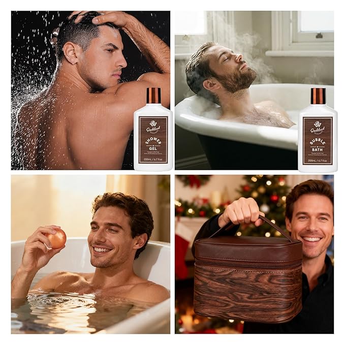 Valentines Day Gifts for Men, 21 Pcs Sandalwood Bath & Body Care Kit, Beard Gift Set for Men, Shave Beard Kit, Leather Bag, Home Spa Kit, Relaxing Men's Gift Basket, Birthday, Father's Day Gift