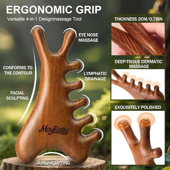 MoyRetty 4-in-1 Gua Sha Tool, Sandalwood Face & Body Massager, Lymphatic Drainage Massage Comb with Storage Pouch (Golden Sandalwood)