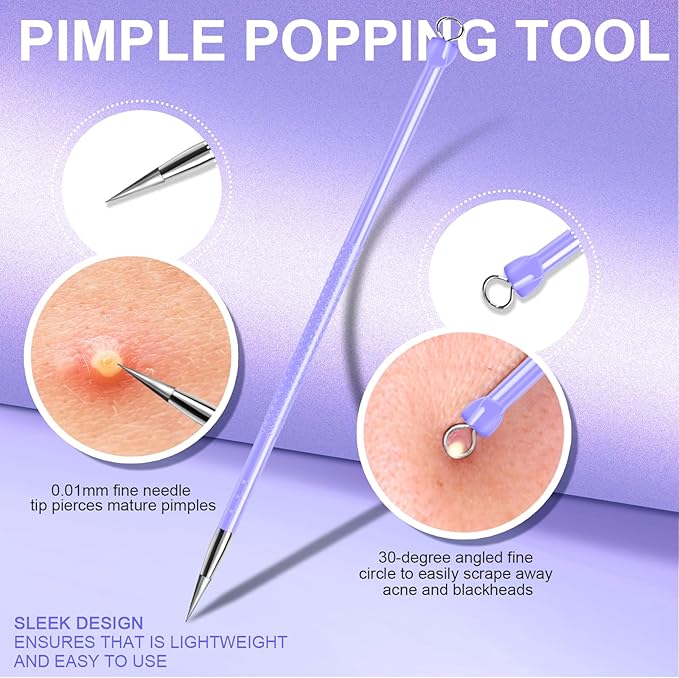 Teenitor Pimple Extractor Acne Treatment Tool Blackhead Comedone Removal 2-in-1 Popper Tool for Face Blackhead Extractor Tool Purple