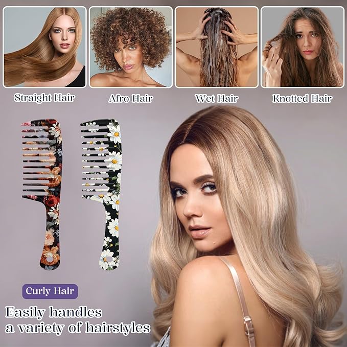 2PCS Wide Tooth Comb,Effortless Tangle Removal for Long Hair Styling Comb for Curly,Wet,Cute Aesthetic Design for Women Men and Girls(Black-Flowers-13)