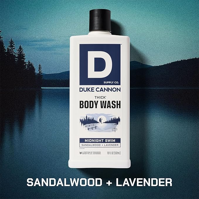 Duke Cannon Supply Co. Thick High Viscosity Body Wash - 3X Thicker, Cleansing Shower and Bath Gel, Mineral-Enriched Body Wash for Men - Sandalwood + Lavender - Mens Body Scrub - Midnight Swim (18 oz)