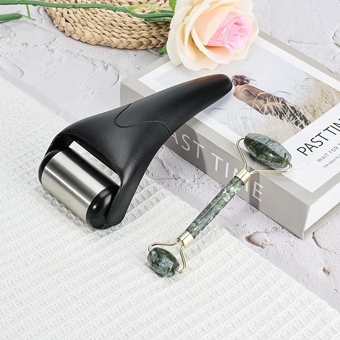 Stainless Steel Ice Roller for Face & Eye, Puffiness Migraine Pain Relief, Face Massager Jade Face Roller Skin Care Tools Self Care Gift Manual for Men Women