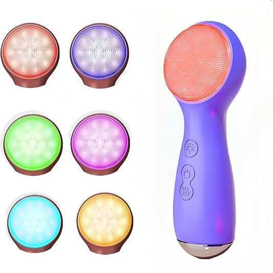 Facial Cleansing Brush Electric, Silicone Heated Face Scrubber with 7 LED Lights, Rechargeable Vibration Exfoliating Cleanser for Deep Cleaning & Gentle Massage, Skin Care Tool, Ideal Gift (Purple)