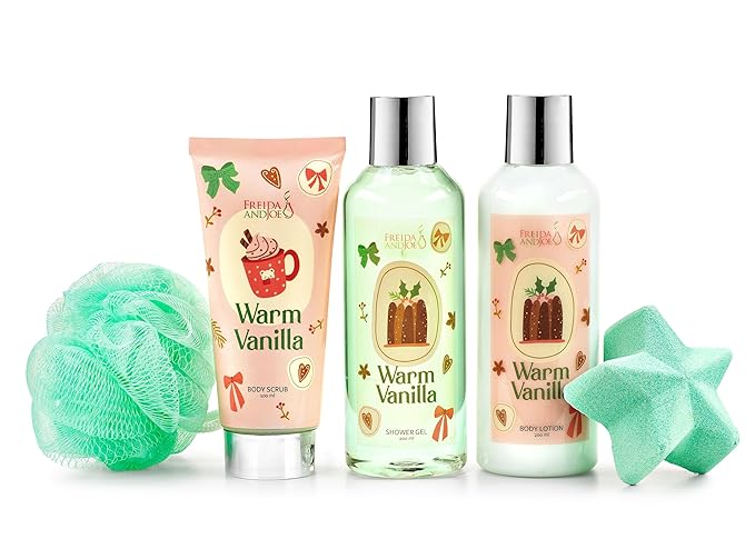 Freida & Joe Fragrance Bath & Body Collection Gift Box, Includes Shower Gel, Body Lotion, Body Scrub, Bath Bomb & Sponge (Warm Vanilla 3.0)