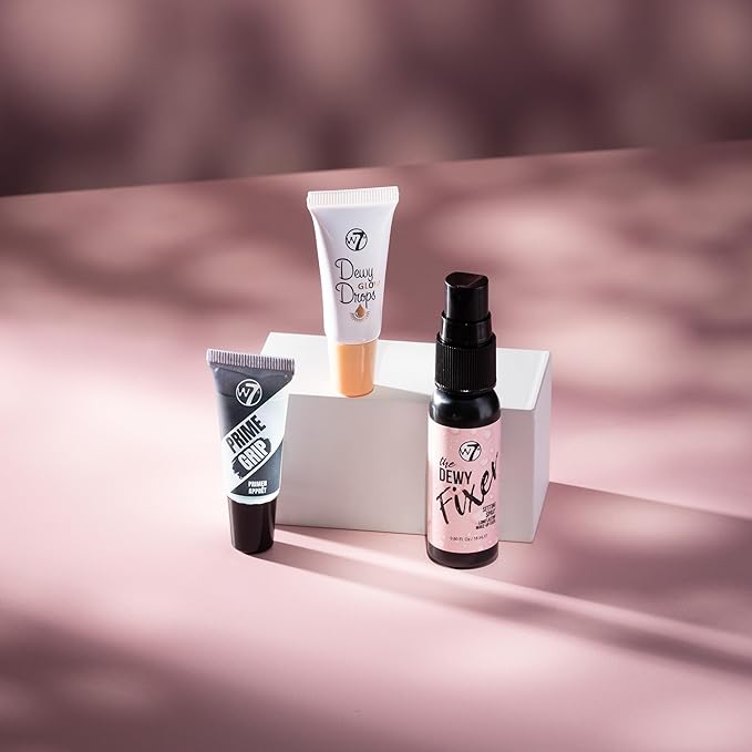 W7 Mini Glow Heroes Gift Set - Travel Size Makeup Minis with Primer, Glow Drops & Setting Spray - Stocking Stuffer