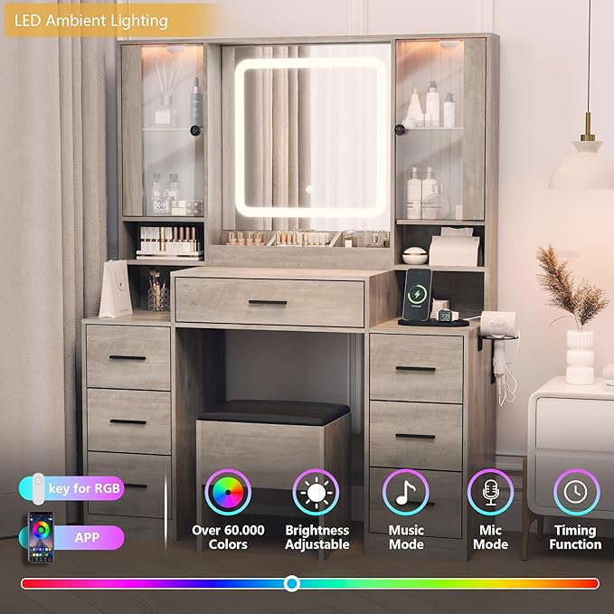 Makeup Vanity with LED Light Strip Mirror and Chair, 7 Drawers & 2 RGB Cabinets Black Vanity Makeup Desk with Power Strip, Adjustable LED Lighting, and Cushioned Stool for Women, Girls, Teens