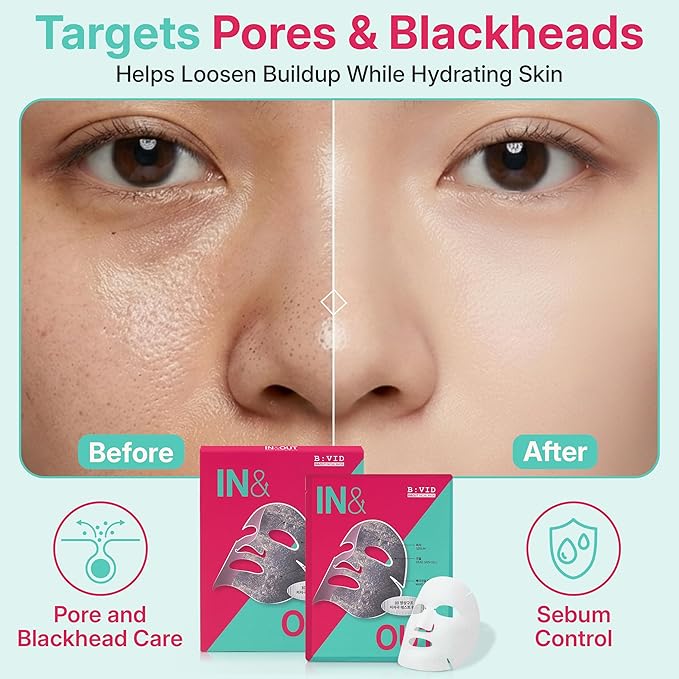 BIVID In & Out Bio-Cellulose Sheet Mask, Hydrating Korean Skincare Face Mask for Pore Care, Sebum & Blackhead Care with Tea Tree — K-Beauty Self Care Facial Skin Care Essentials, 0.88 oz, 5 Pack