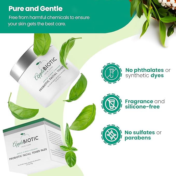 Apple Cider Vinegar Face Toner Pads - Exfoliating & Hydrating Toner for All Skin Types, Probiotic Extract, Aloe, Green Tea - Pack of 2