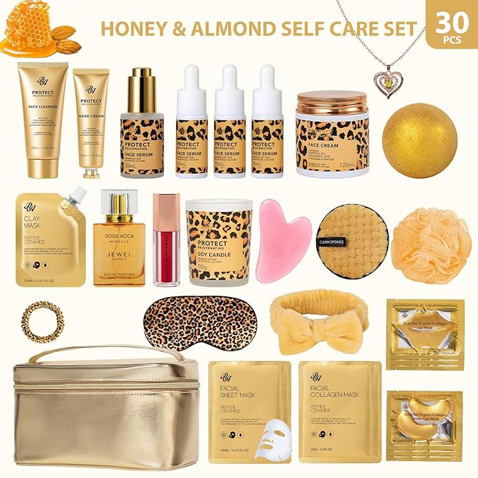 33 Pcs Valentines Day Gifts for Women, Honey & Almond Skin Care Kit, Spa Bath & Body Gift Set, Face Sheet Mask, Lip Gloss, Cosmetic Bag, Necklace, Christmas, Anniversary, Birthday