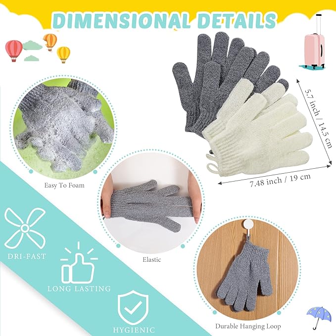 4 Pack Exfoliating Washcloth Back Scrubber Set, 2 Exfoliating Body Scrubber Nylon Back Body Scrub Towel, 2 Pairs Shower Gloves for Women Men Bath Shower Exfoliation(Gray, Beige, White)
