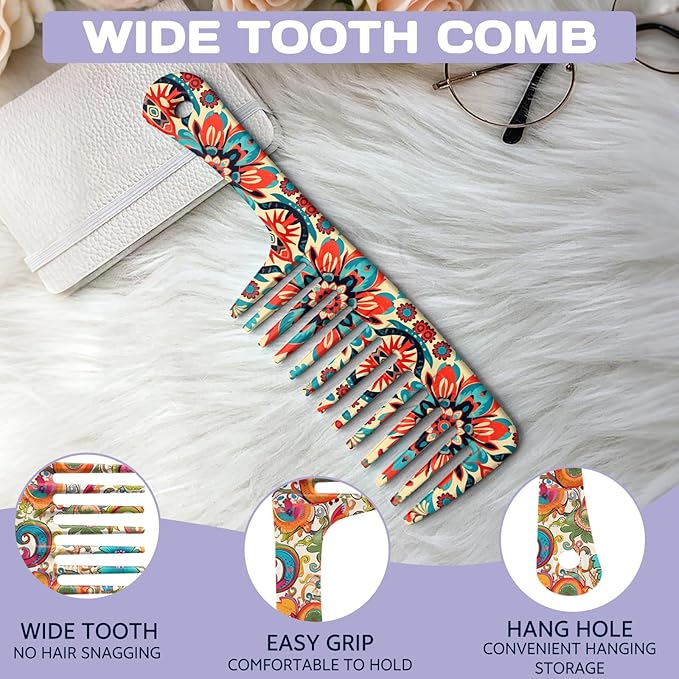2PCS Wide Tooth Comb,Effortless Tangle Removal for Long Hair Styling Comb for Curly,Wet,Cute Aesthetic Design for Women Men and Girls(Orange-Bohemia-20)