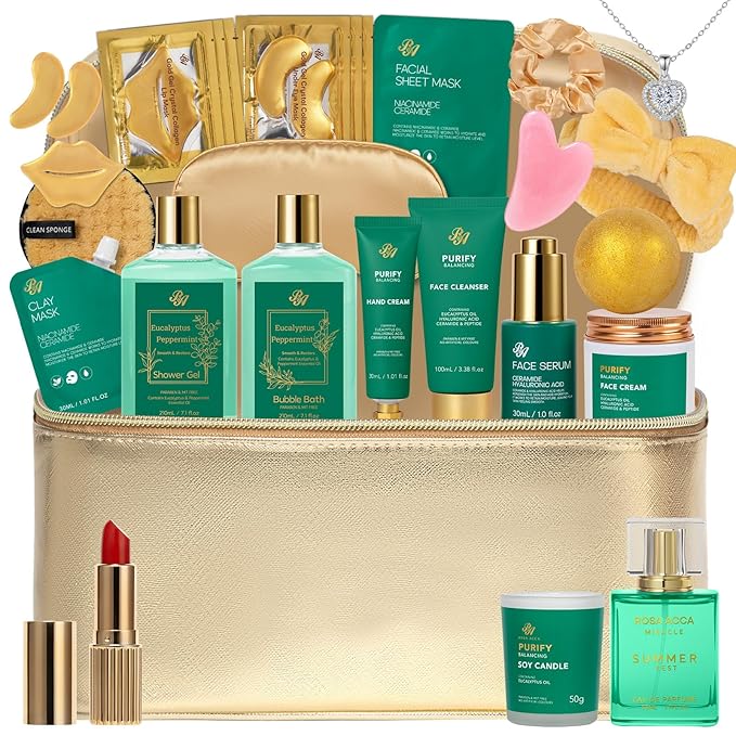 25 Pcs Valentines Day Gifts for Women, Eucalyptus Bath & Body Gift Set, Hydrating Skin Care Set, Spa & Self Care Gift, Cosmetic Bag, Necklace, Christmas, Birthday, Mother's Day