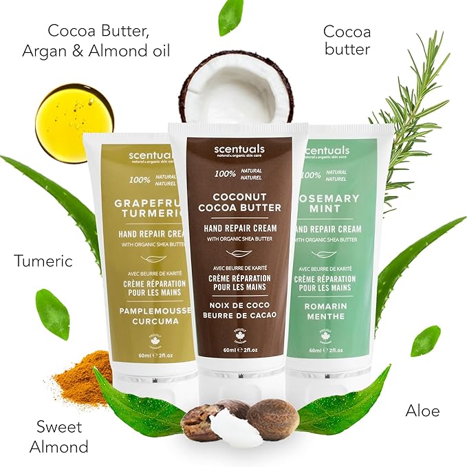 Hand Cream Set of 3, with Shea Butter, Cocoa Butter, Argan & Almond oil, Moisturizing Dry Hands, (Grapefruit Turmeric + Rosemary Mint + Coconut Cocoa Butter) 60 ml (2 fl.oz.) x 3