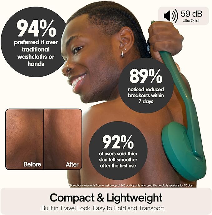 Aura Body Clean Pro⁺ - Silicone Electric Body Scrubber for Acne, Ingrown Hair & KP - IPX7 Waterproof, Rechargeable Exfoliating Shower Brush with Handle. Freeform Grip, & 7000+ Sonic Vibration - Rose