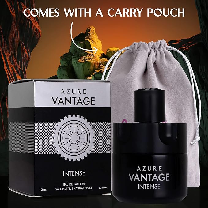 NovoGlow Azure Vantage Intense Eau De Parfum Spray - Long Lasting Warm & Masculine Fragrance - 100ml - Includes Carrying Pouch - Gift for All Men & Occasions