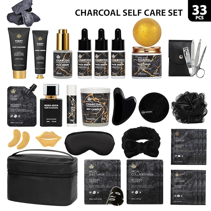 33 Pcs Valentines Day Gifts for Women & Men, Charcoal Hydrating Skin Care Kit, Bath & Body Gift Set, Spa Kit, Leather Bag, Anniversary, Birthday, Christmas, Mothers Day, Father's Day