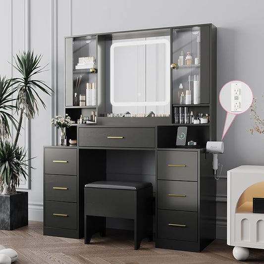 Makeup Vanity with LED Light Strip Mirror and Chair, 7 Drawers & 2 RGB Cabinets Black Vanity Makeup Desk with Power Strip, Adjustable LED Lighting, and Cushioned Stool for Women, Girls, Teens