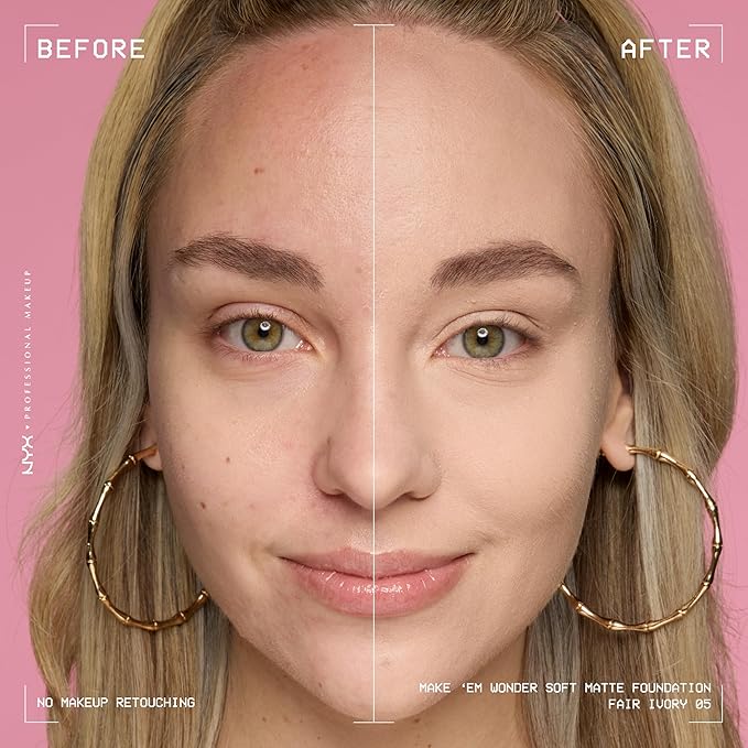 NYX PROFESSIONAL MAKEUP Make 'Em Wonder Liquid Foundation, 24HR Foundation Makeup With A Soft Matte Finish, Buildable Full Coverage - 05 Fair Ivory