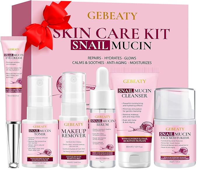 Skin Care Set,6 Pcs Korean Snail Mucin Essence Anti-aging Moisturize Repair Soothe Hydrate,Glass Skincare Kit for Dull & Dry Skin,Skincare Gift Set Teens Stocking Stuffers Christmas Gifts for Women