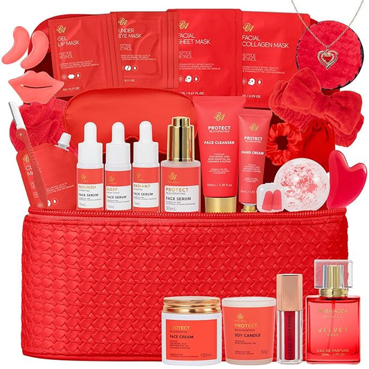 33 pcs Valentines Day Gifts for Women, Red Rose Spa Bath & Body Gift Set, Face Sheet Mask Skin Care, Hydrogel Mask, Lip Gloss, Cosmetic Bag, Serum, Necklace, Cleanser, Gua Sha, Mother Day, Birthday