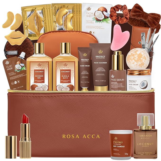 25 Pcs Valentines Day Gifts for Women, Bath & Body Gift Set, Skin Care Kit, Coconut Vanilla Spa Gift Basket, Self Care Set, Cosmetic Bag, Christmas, Birthday, Mother, Anniversary