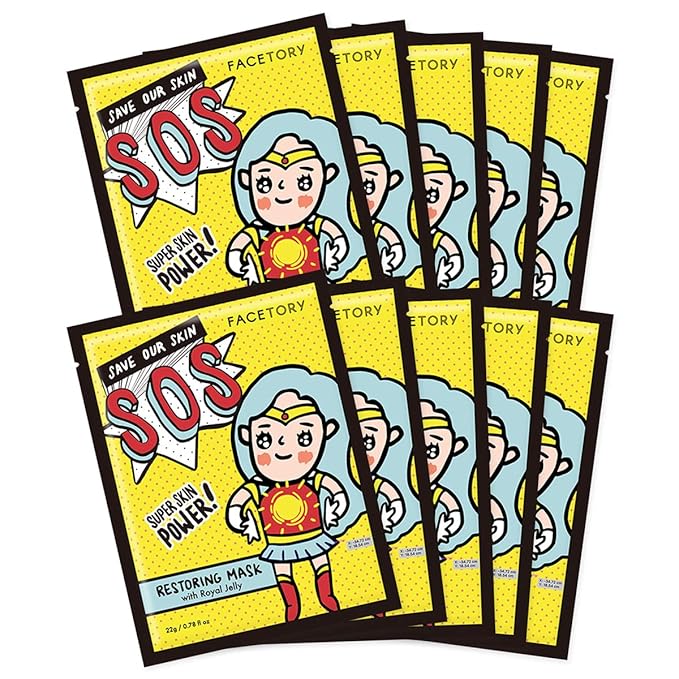 FACETORY K Beauty Face Mask Skin Care - SOS SAVE OUR SKIN RESTORING Sheet Mask with Royal Jelly & Aloe | De-Stress, Dewy Skin (10 Pack)