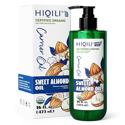 HIQILI Sweet Almond Oil for Skin, Hair, Body, 100% Pure Organic Carrier Oil for Essential Oils Mixing, Hexane Free, Unscented - 16 Fl Oz