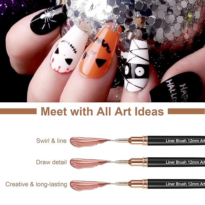 Artdone Metallic Nail Art Pens, Liner Brushes Set, 5PCS Black Color Nail Tools For Long Lines, Thin Details, Fine Drawing, Liner Brush UV Gel Polish Painting Nail Design Sizes 5/8/12/20/25mm