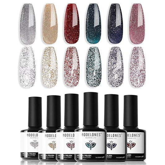 modelones Glitter Gel Nail Polish Set, 6 Colors Fall Winter Dark Red Pink Silver Gold Black Gel Polish Kit Shimmer Sparkle Reflective LED Soak Off Manicure Art Kit Home DIY Salon Gift for Women