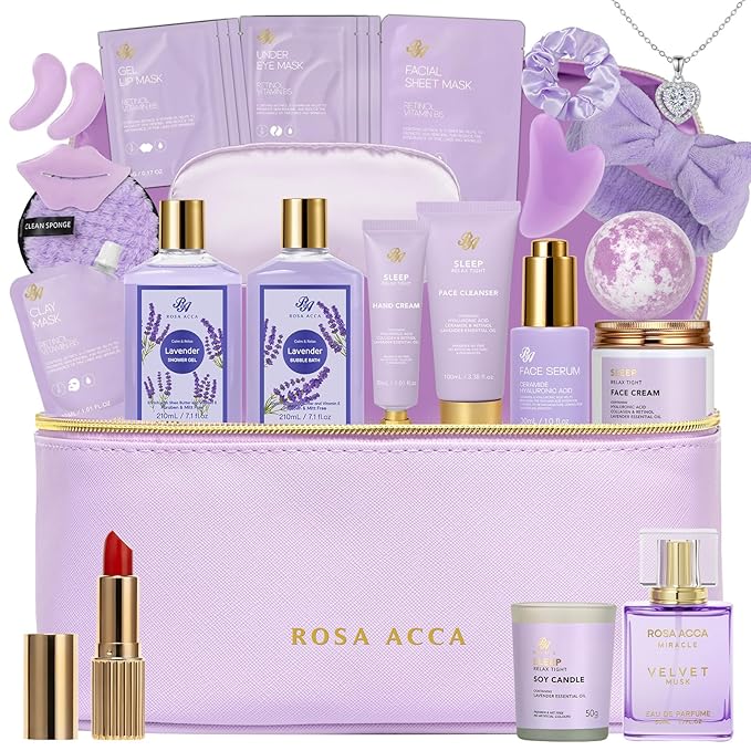 25 Pcs Valentines Day Gifts for Women, Lavender Bath & Body Gift Set, Hydrating Skin Care Set, Self Care Gifts, Face Sheet Mask, Cosmetic Bag, Necklace, Christmas, Birthday, Mothers Day