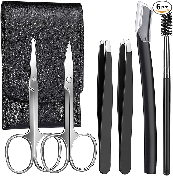 FANDAMEI Eyebrow Scissors, Eyebrow Kit, Eyebrow Tweezers for Women, Eyebrow Razor, Eyebrow Brush. Eyebrow Kit for Men with Leather Case. Eyebrow Scissors for Women Facial Hair Ingrown Hair Removal