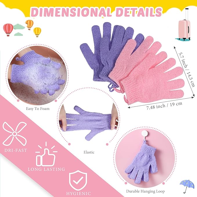 4 Pack Exfoliating Washcloth Back Scrubber Set, 2 Exfoliating Body Scrubber Nylon Back Body Scrub Towel, 2 Pairs Shower Gloves for Women Men Bath Shower Exfoliation(Pink, Purple)