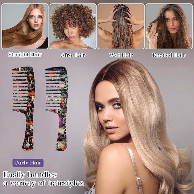 2PCS Wide Tooth Comb,Effortless Tangle Removal for Long Hair Styling Comb for Curly,Wet,Cute Aesthetic Design for Women Men and Girls(Black-Mushroom-19)