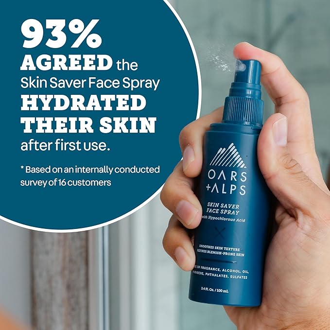 Oars + Alps Skin Saver Facial Spray for Sensitive Skin, Face Spray with Hypochlorous Acid for Breakouts, Itchy, Acne- Prone Skin, Rashes, Redness, Workouts, Traveling, Safe & Clean Ingredients, 3.4oz