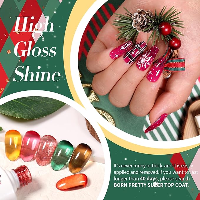 Born Pretty Jelly Gel Nail Polish Christmas Fall Winter Crystal Transparent Sheer Clear Gel Polish Red Coral Burnt Orange Green Grey Amber Brown 6 Colors Manicure Kit